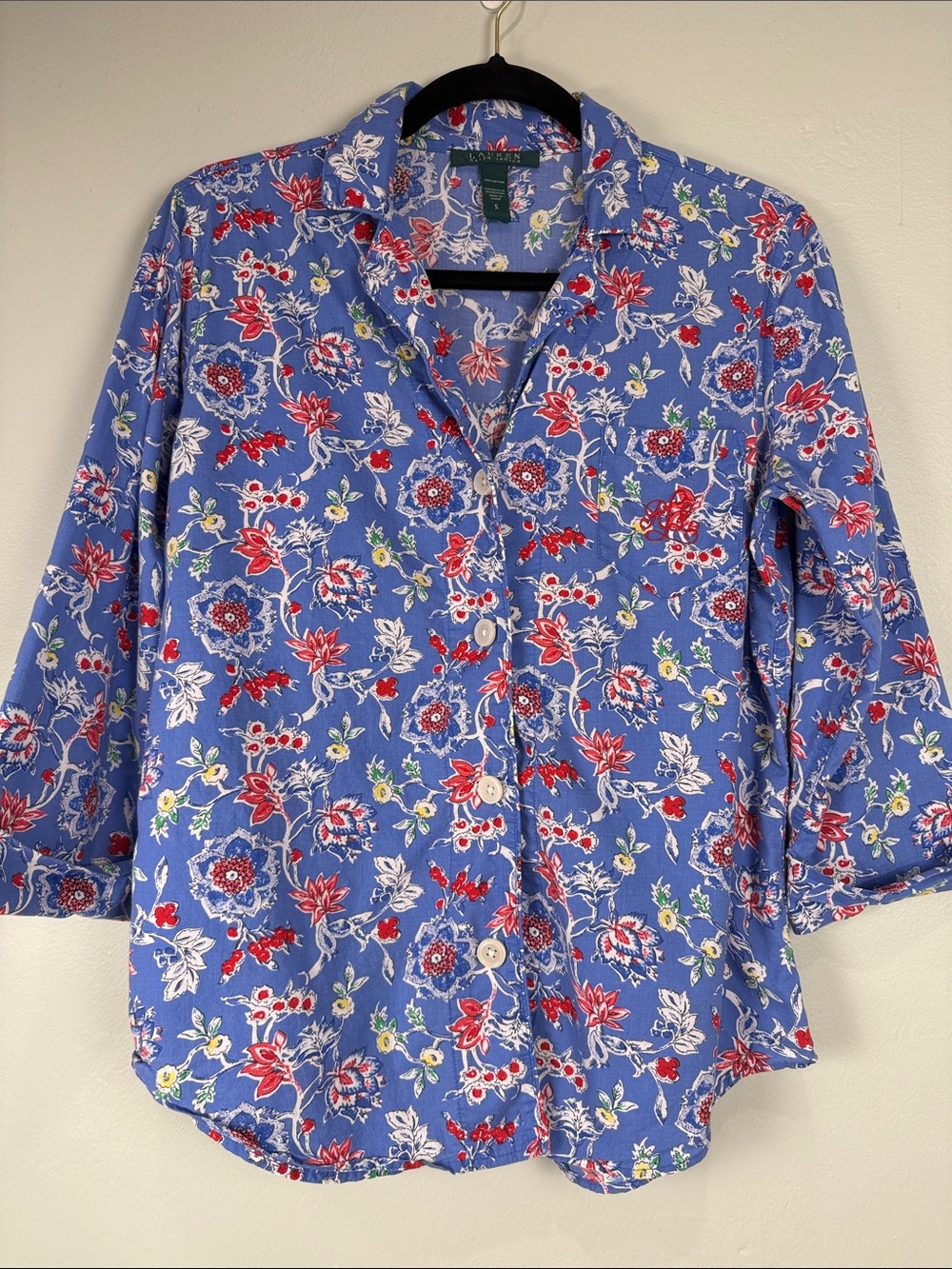 Lauren Ralph Lauren Blue Monogram Button-Front Shirt with Red Floral Accents